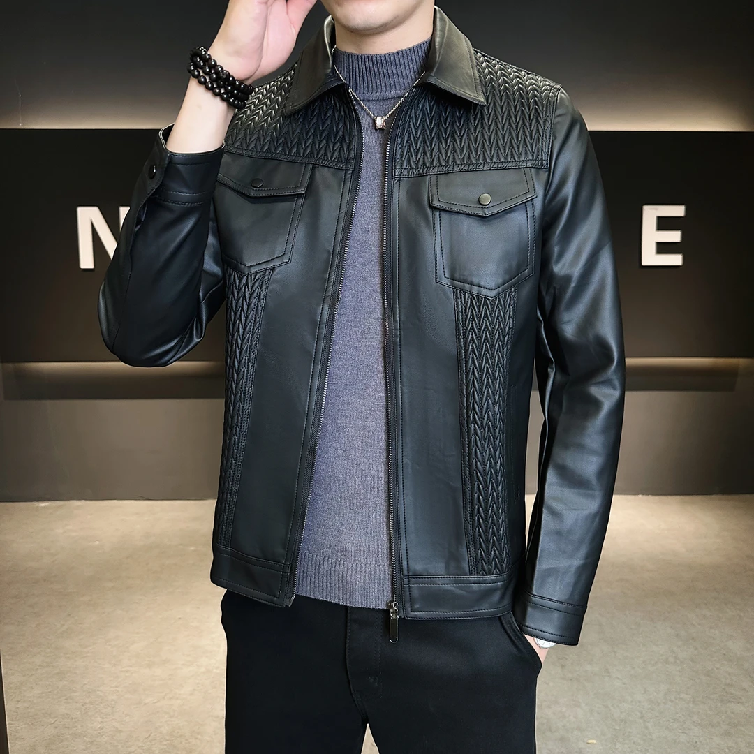 吉伦略索轻奢潮流欧货秋季男款休闲软皮夹克显瘦百搭提花拼接皮衣