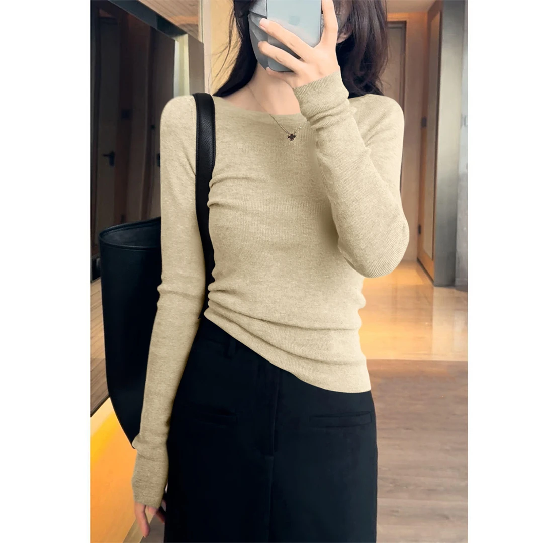 时髦百搭一字领套头设计感打底女秋季新款修身显瘦长袖针织衫毛衣