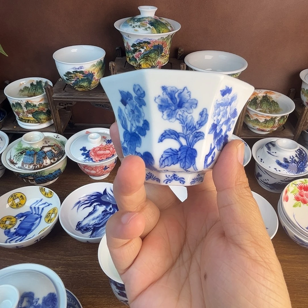 忠意堂釉下彩八方杯微瑕不退