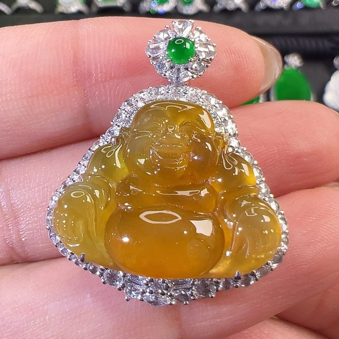 翡翠18K金镶嵌吊坠(不含链)鸡油黄佛公