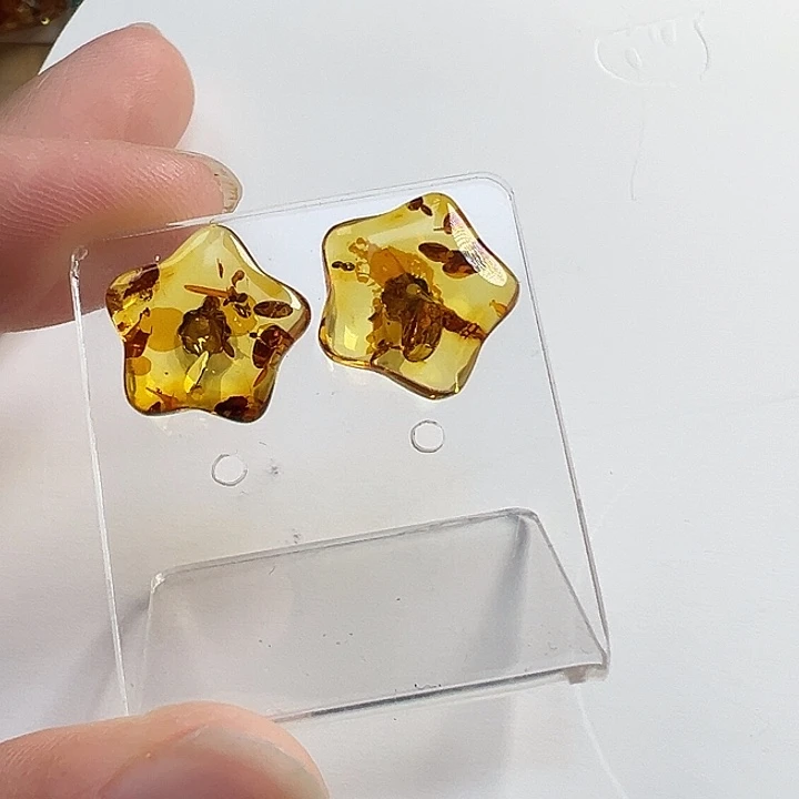 琥珀（花珀）银S925镶嵌耳饰