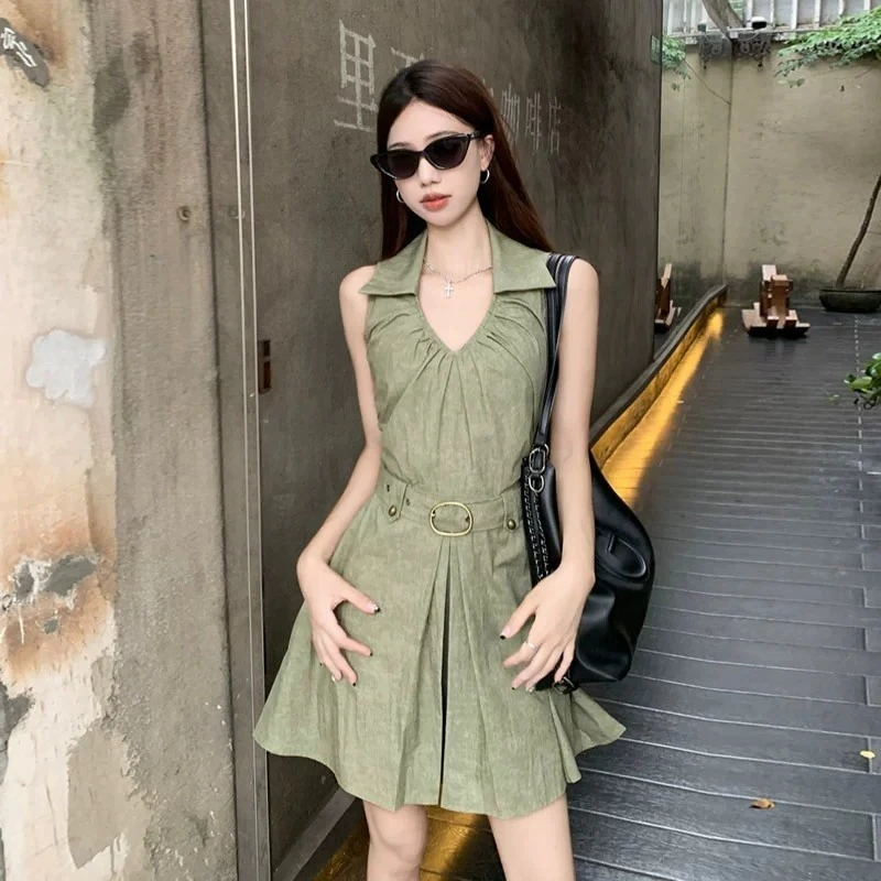 港风复古小众无袖背心连衣裙小个子短裙女夏季气质遮肉显瘦A字裙