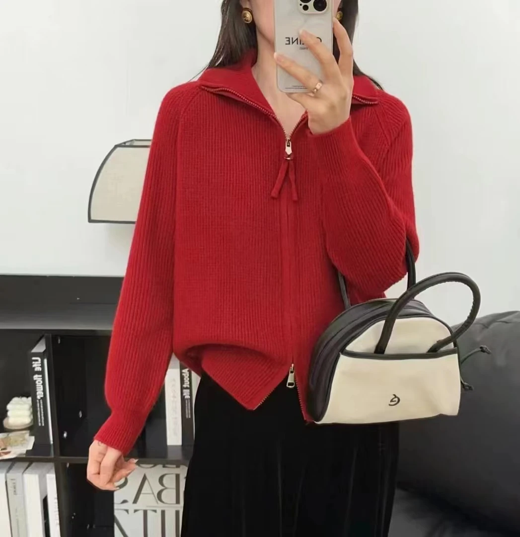 【中国红】女士外套毛衣女针织衫秋冬时尚开衫长袖针织衫