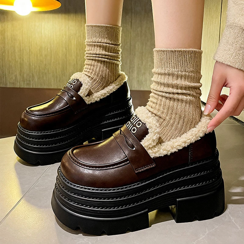 爆款加绒皮面粗跟复古单鞋一脚蹬小皮鞋女2025秋冬新款厚底乐福鞋