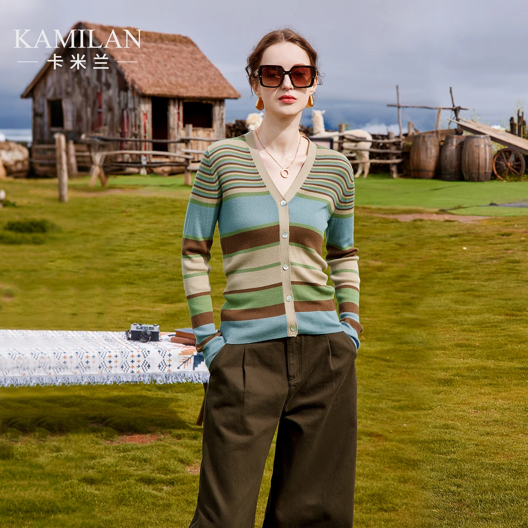 [100绵羊毛]卡米兰彩色条纹针织开衫外套女2025秋季新款外搭上衣