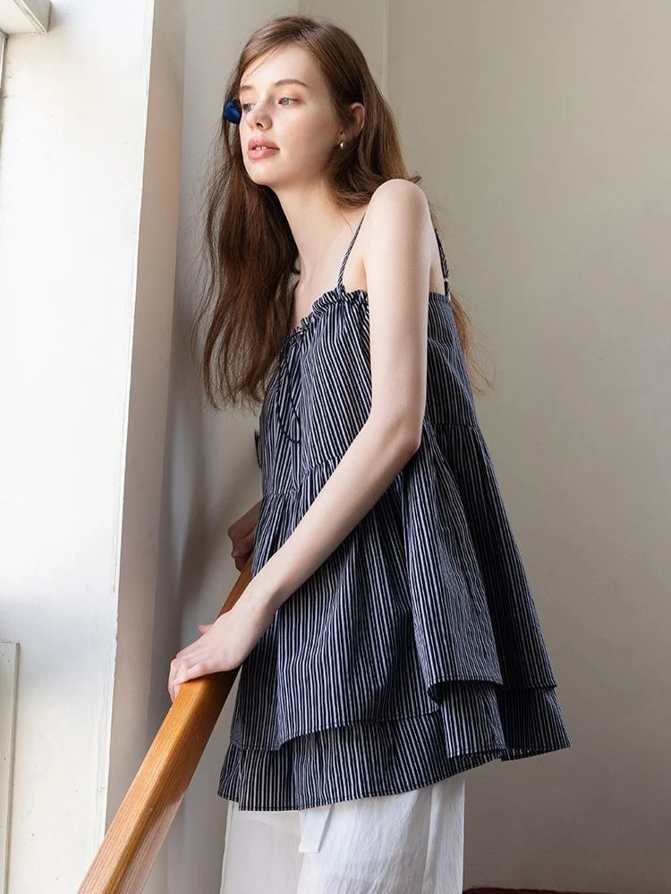 法式黑色条纹吊带背心女夏抽绳系带宽松气质显瘦休闲外穿小衫上衣