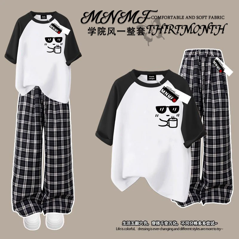 男女童插肩短袖格子裤套装卡通表情包印花夏季宽松休闲风学生上衣
