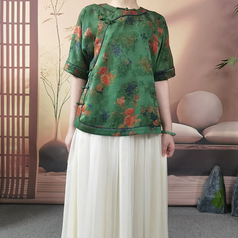 真丝透孔花罗红云纱全开襟手工盘扣高端中式国风短袖圆领短上衣
