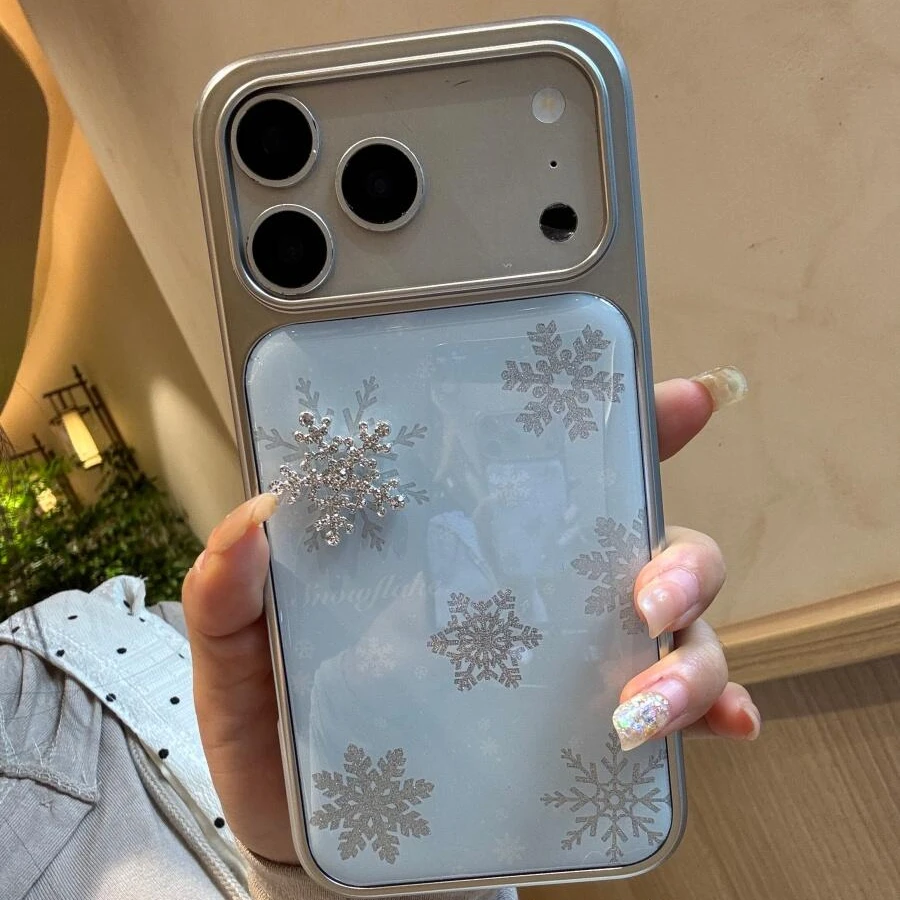 冬日ins蓝底闪粉雪花立体适用于17pro/16promax手机壳苹果15/14