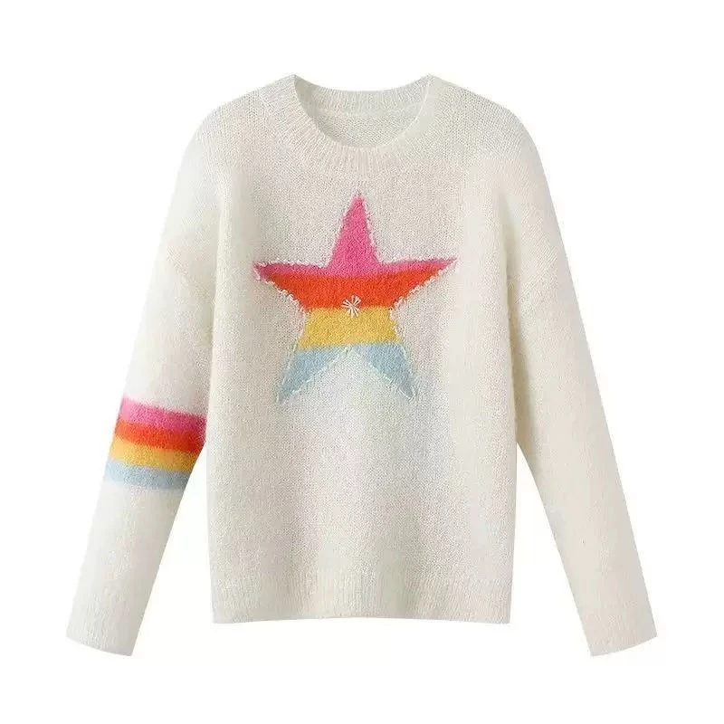 1063（8112）彩虹提花手工绣钻毛衣女2024冬季圆领气质百搭针织上衣