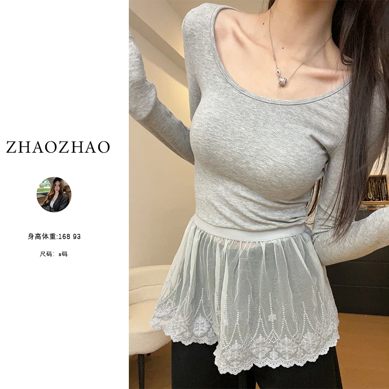 【ZHAOZHAO】甜辣风小众设计感蕾丝拼接打底衫内搭冬季"芭蕾舞“上衣