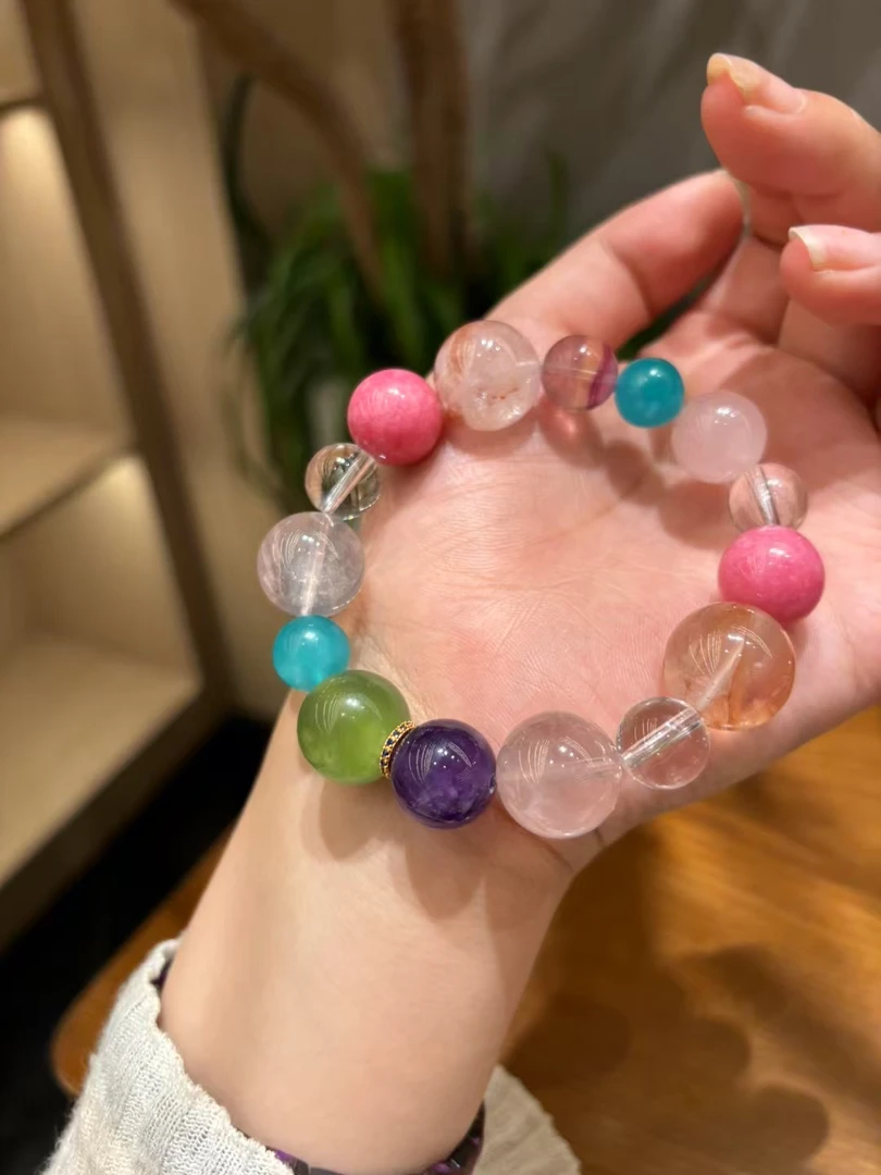 多宝水晶原珠/水滴/灰月光彩拼色多宝水晶手链