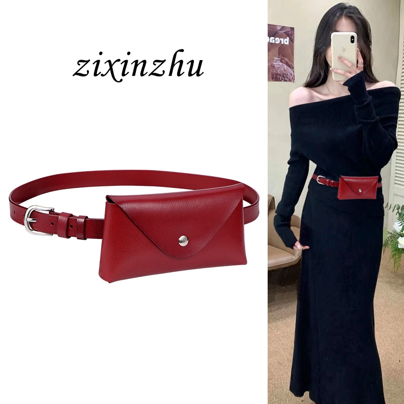 红色手机腰包女真皮腰带配饰装饰连衣裙子西装黑色牛仔裤皮带复古