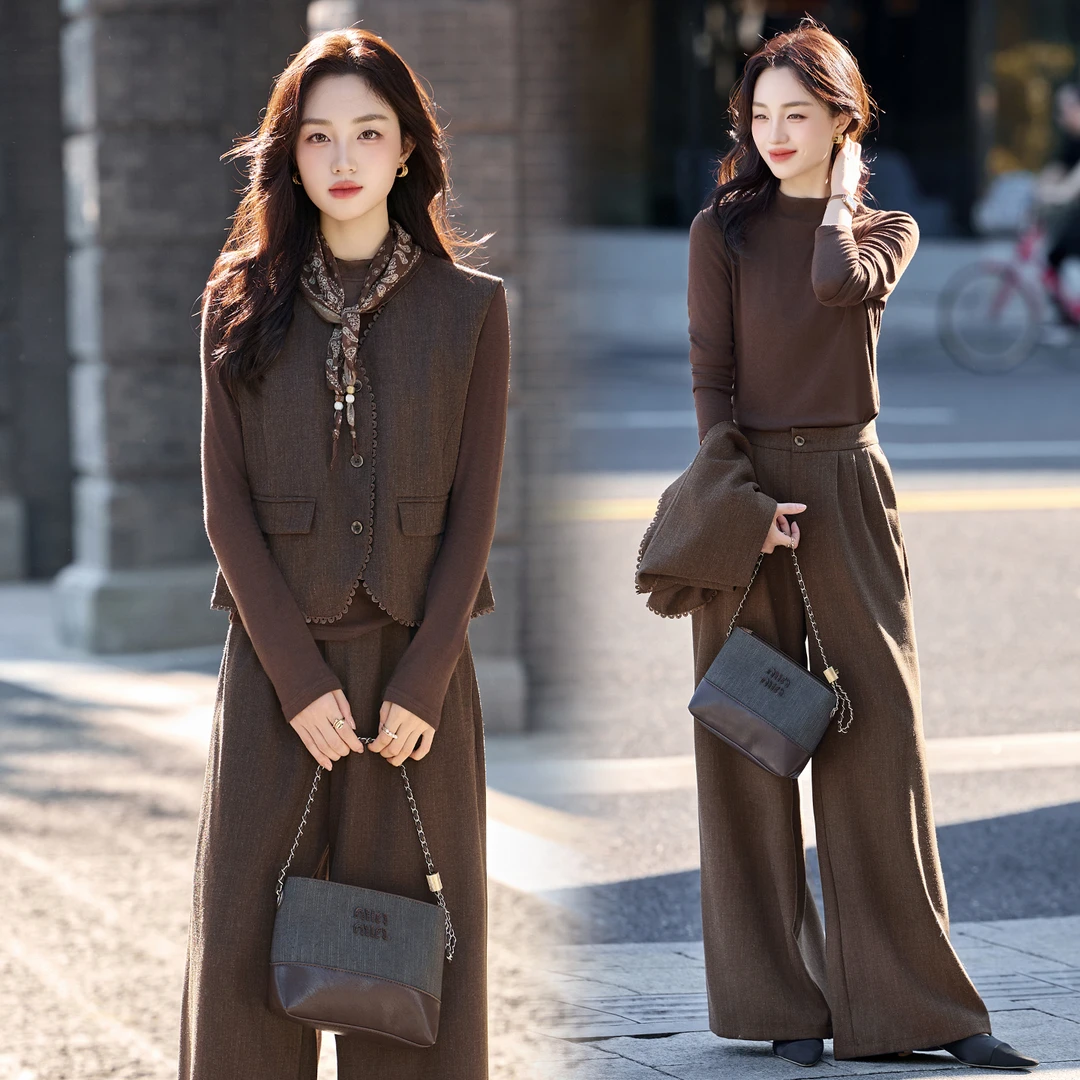 高级感老钱风时尚套装女秋季2025新款气质马甲T袖阔腿裤三件套