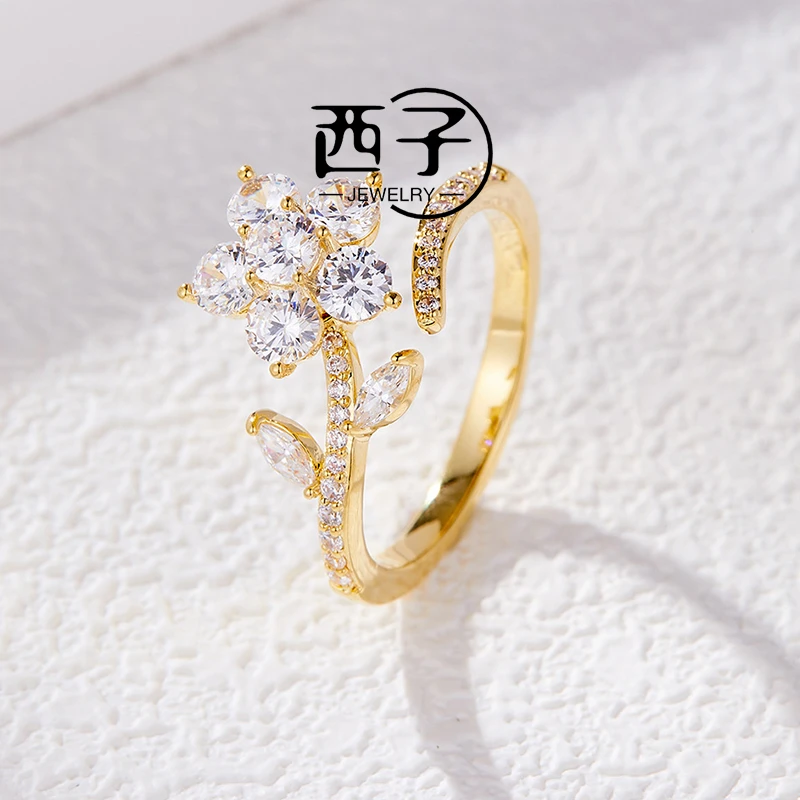 西子饰品【旋转花朵开口戒】爆闪小众独特微镶网红爆款指环圈时尚女