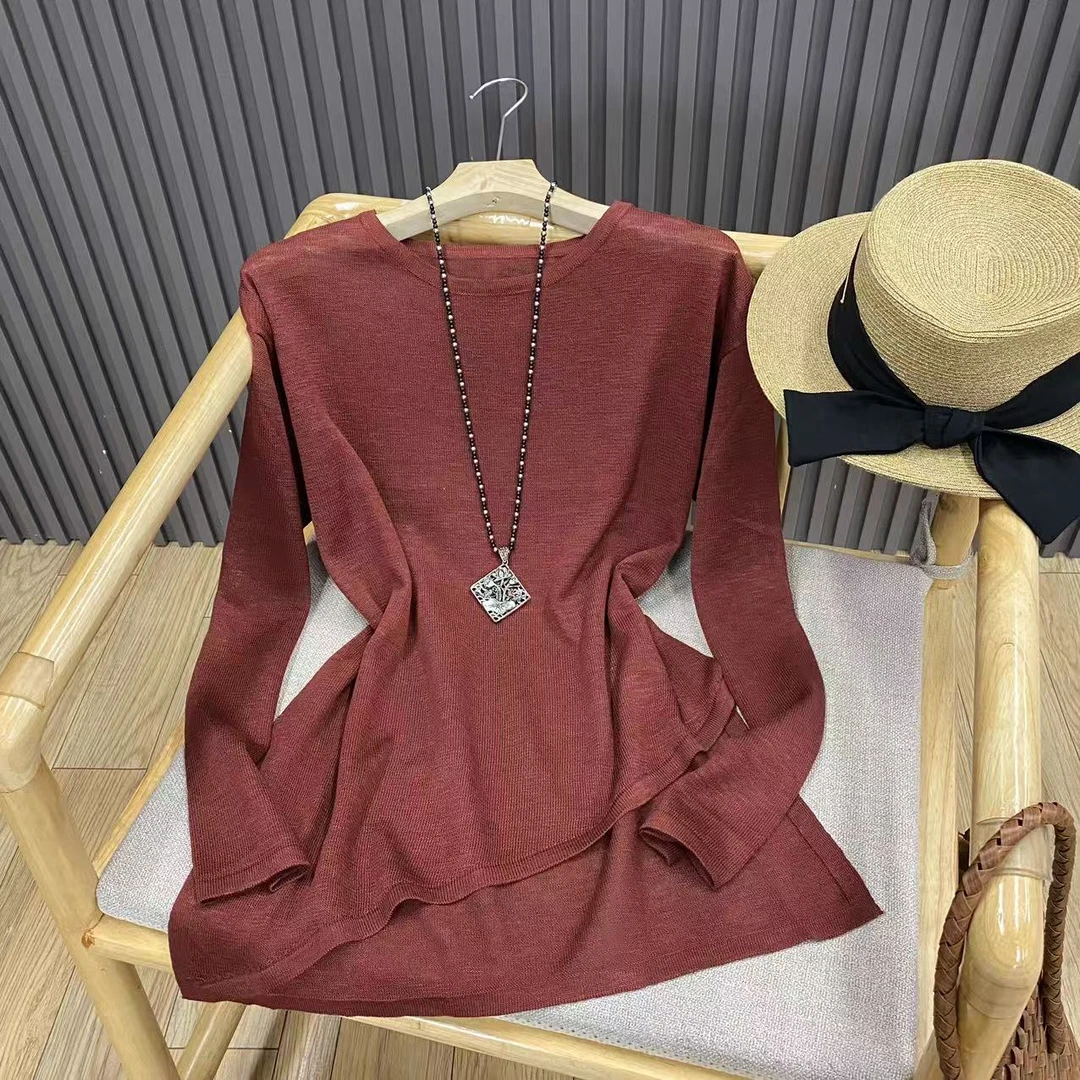 圆领长袖不规则下摆套头针织衫薄款纯色宽松百搭罩衫女Z86025