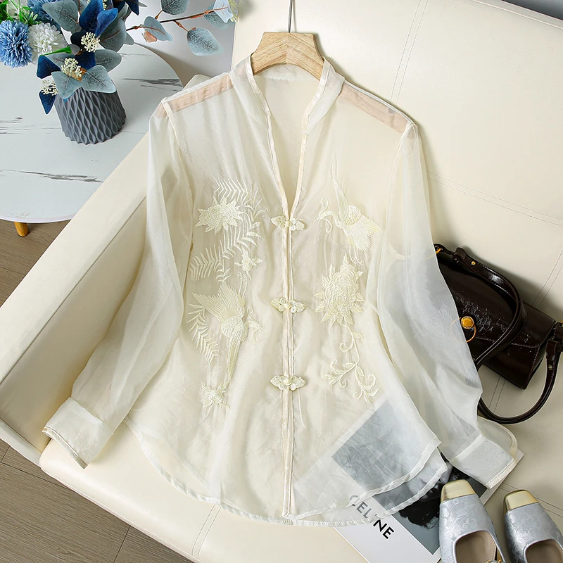 【双凤朝阳】国风新中式女衬衫女装新款时尚刺绣宽松显瘦夏凉快