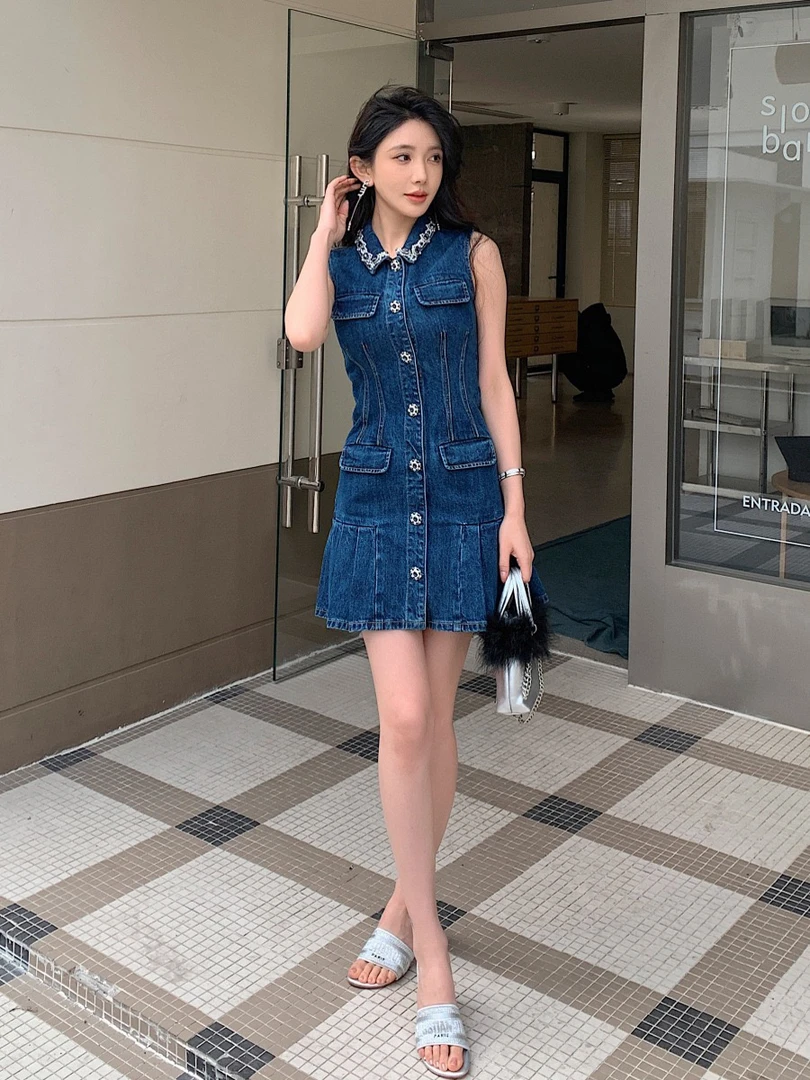 花颜颜蓝色翻领无袖复古百褶裙摆连衣裙新款女装衣服