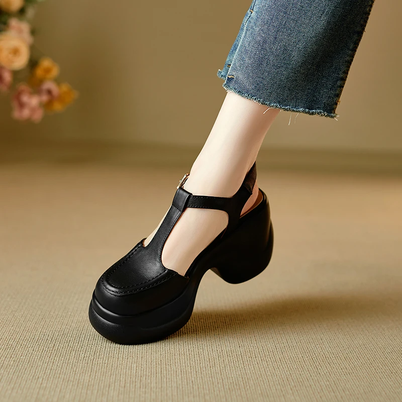 松糕厚底包头凉鞋女夏真皮9cm坡跟罗马鞋百搭不累脚防水台高跟鞋