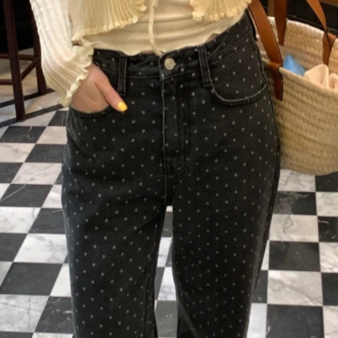 99新 Chanel/香奈儿 23P早春系列灰色波点双C牛仔裤38码