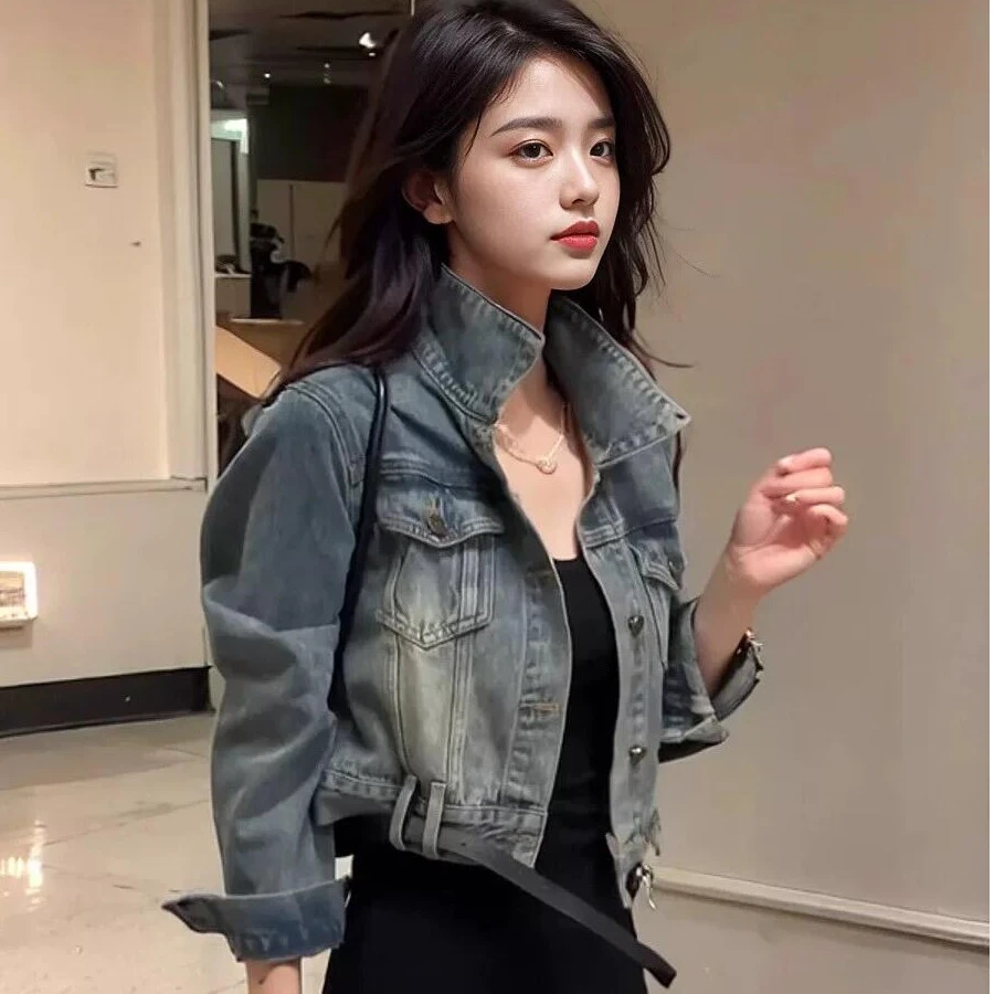 港风复古做旧水洗牛仔外套女秋季时尚个性别致百搭短款夹克上衣潮