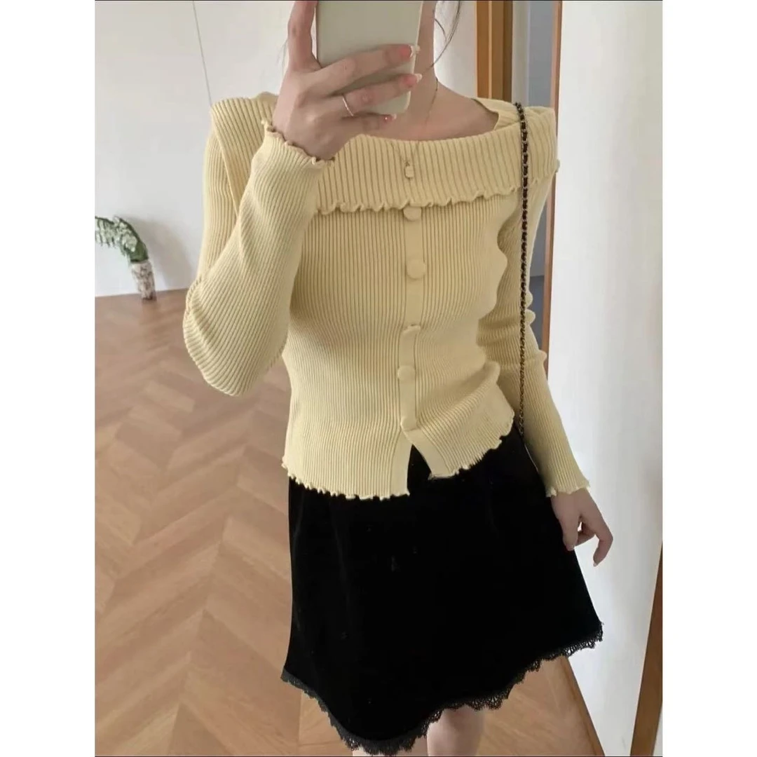 法式甜美减龄木耳边不规则设计感针织打底衫显瘦百搭上衣505#0.1