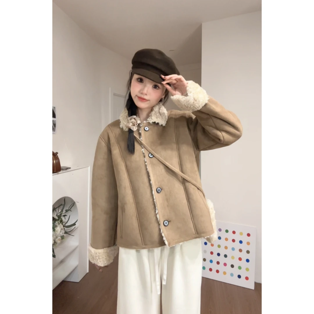 【海森堡少女】加长加厚麂皮绒皮毛一体羊羔毛短款外套Au191