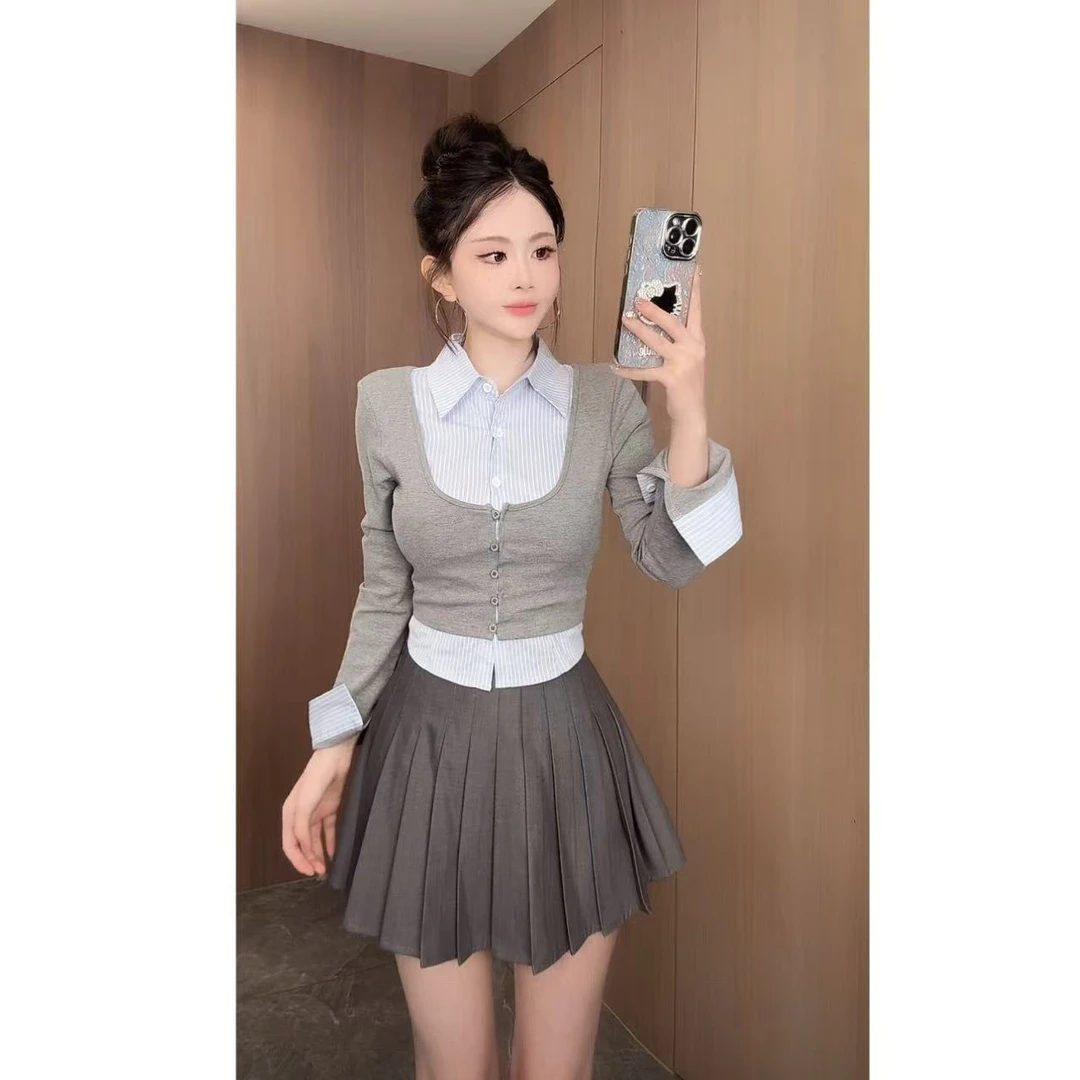 曼曼【派斯学院】翻领假两件条纹拼接针织马甲衬衫3502#