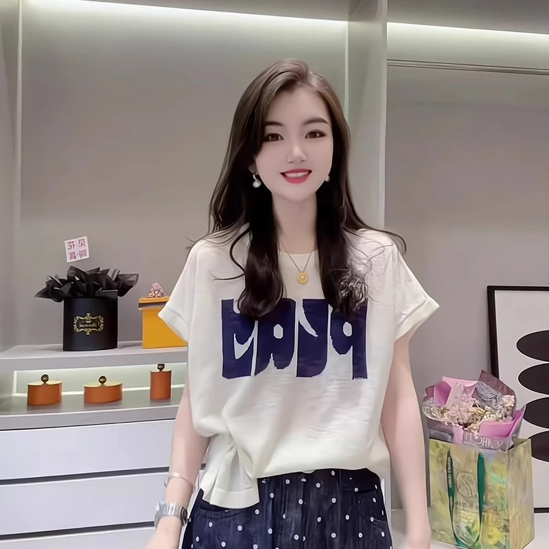 白色短袖针织衫薄款t恤女夏季2025新款圆领字母印花宽松显瘦上衣