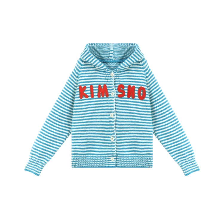 字母刺绣开衫女时尚单排扣连帽长袖针织衫秋冬新款条纹XDJY9026