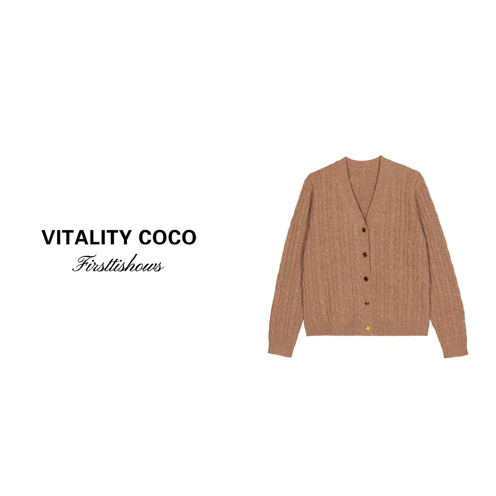 「VITALITY COCO」秋冬新款v领羊绒麻花针织开衫时尚休闲纯色-1781
