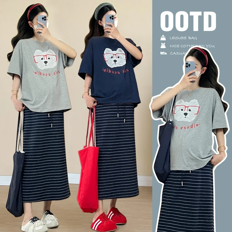 孕妇装2025夏季宽松显瘦卡通短袖圆领上衣条纹半身裙休闲套装