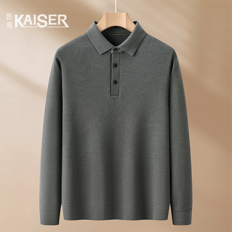KAISER/凯撒【内里拉毛】加厚精纺黄金羊毛冬季纯色翻领高领羊毛衫