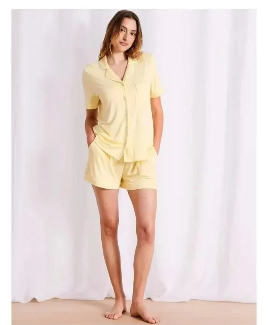 外贸单女士竹纤维时尚短袖短裤气质薄款纯色轻奢简约翻领套装