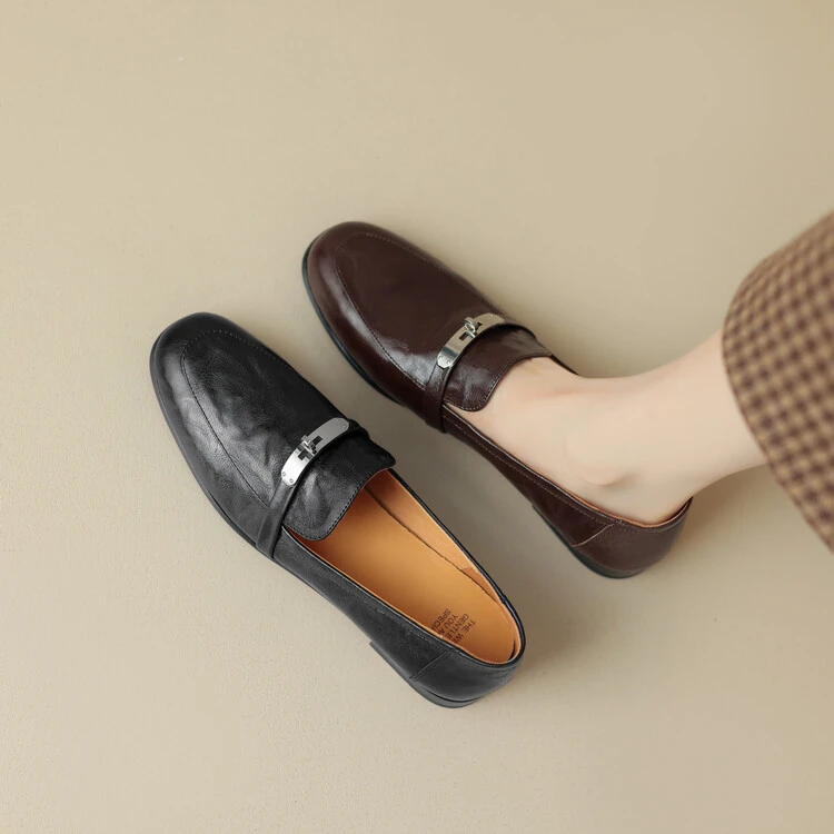 羊皮英伦复古一脚蹬低跟真皮乐福鞋女2025新款春秋小皮鞋平底单鞋