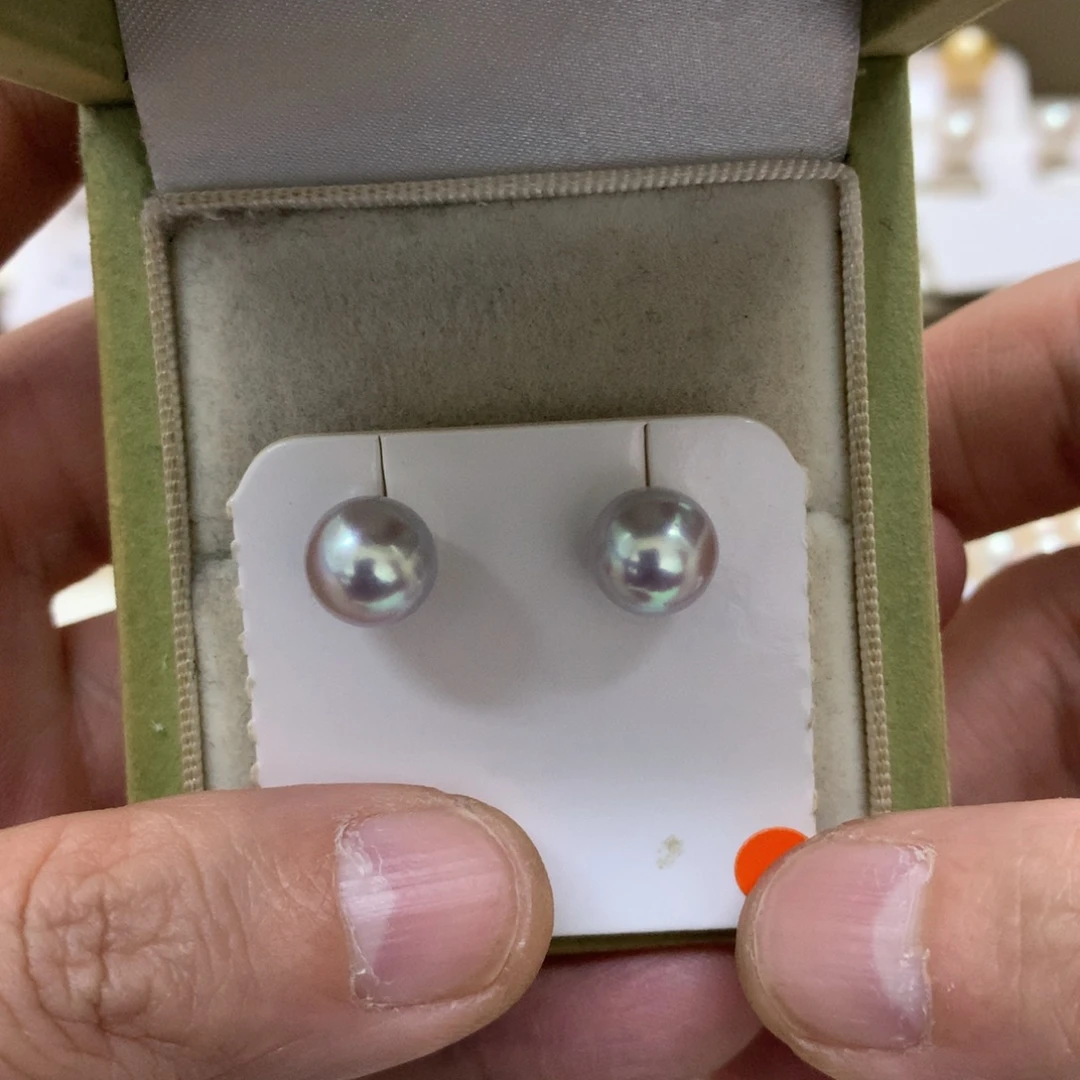 淡水珍珠18K金镶嵌耳饰8.5-9真多麻素钉