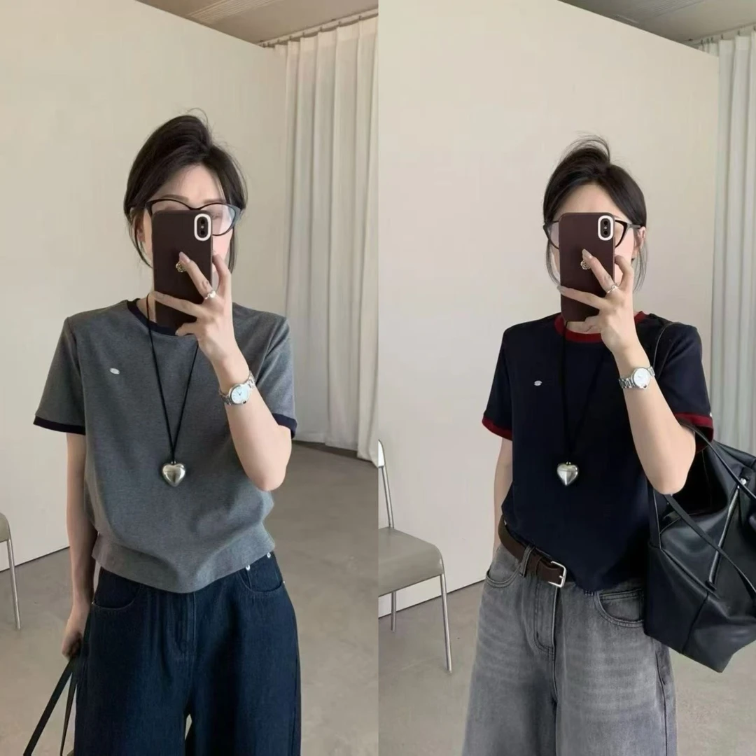 欧洲站早秋款磨毛欧货撞色圆领显瘦高弹力爆款金属标小版短袖T恤