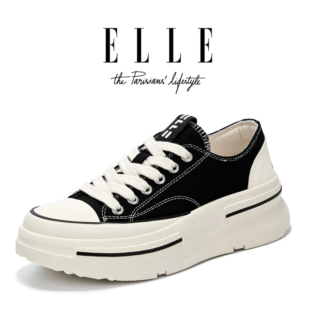 ELLE踩屎感黑色增高帆布鞋女2025新款低帮薄款透气百搭厚底休闲鞋