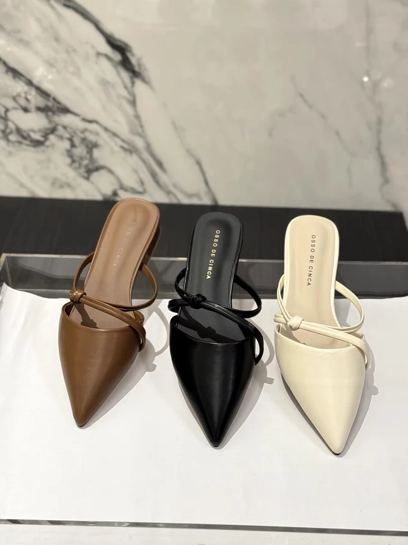 1702 低跟尖头百搭凉拖女外穿2024新款春夏粗跟爆款懒人包头半拖