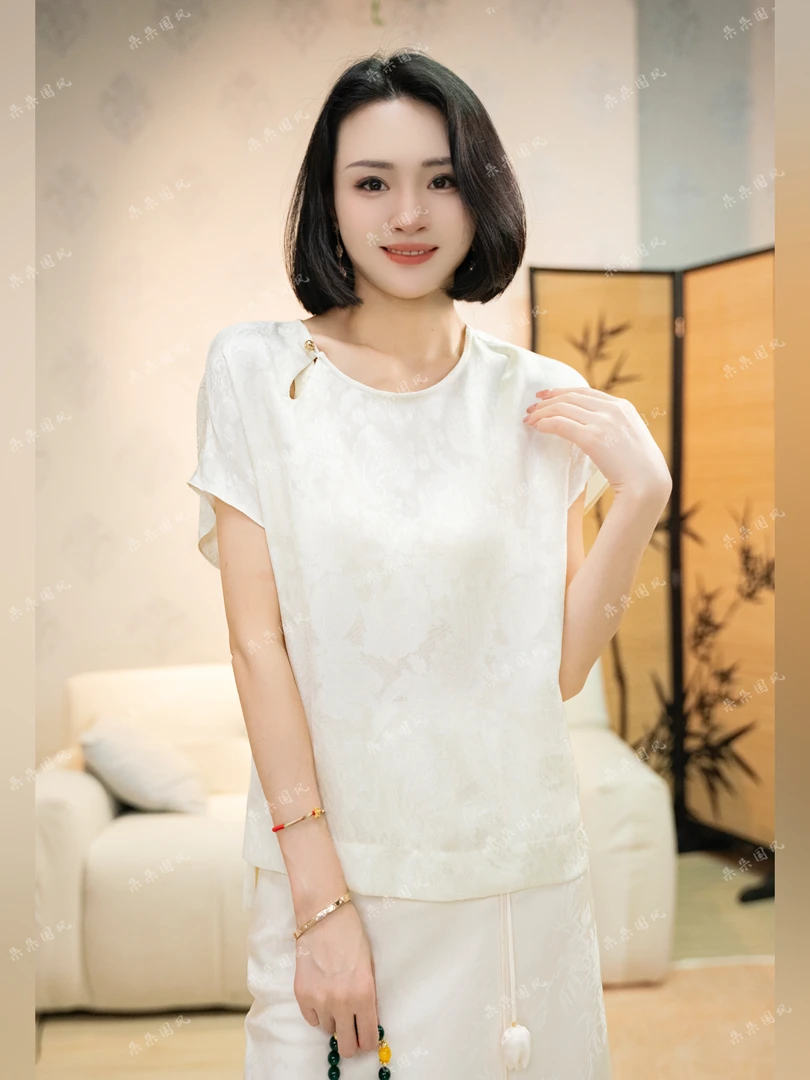 朵朵新中式桑蚕丝高级高级百搭时尚简约夏季短袖JM1936