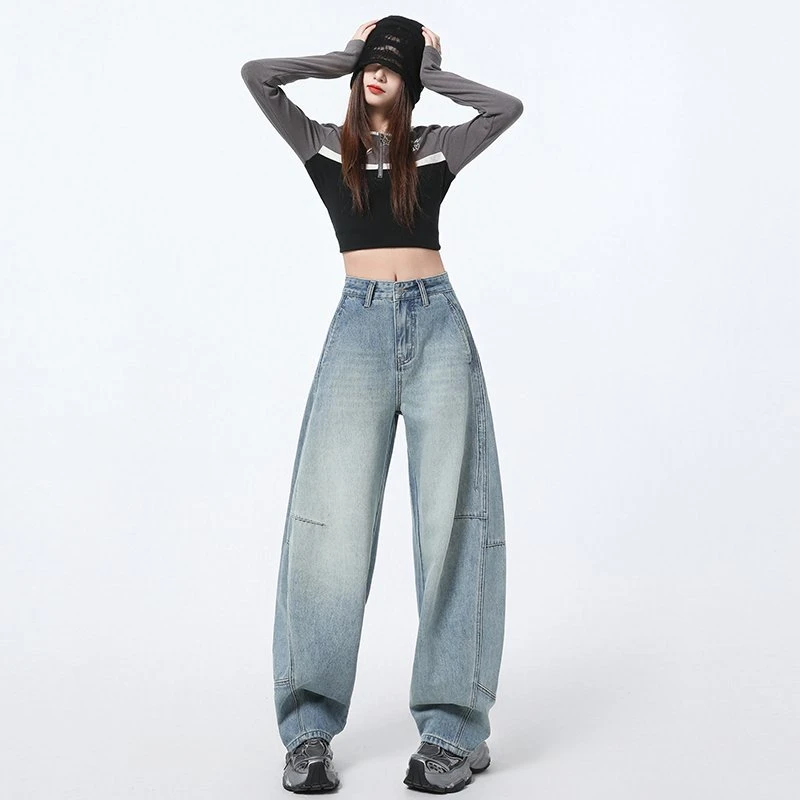 复古宽松香蕉阔腿牛仔裤女2025春秋新款高腰直筒显瘦拖地弯刀裤子