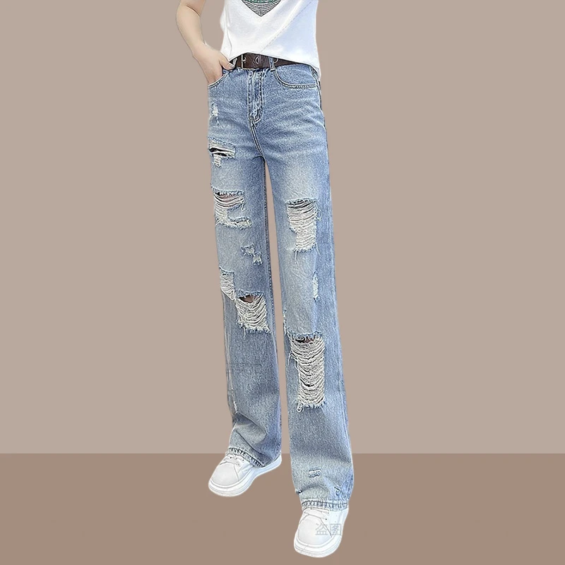 2025夏季新款破洞牛仔裤百搭直筒浅色休闲显瘦长裤阔腿薄款裤女士