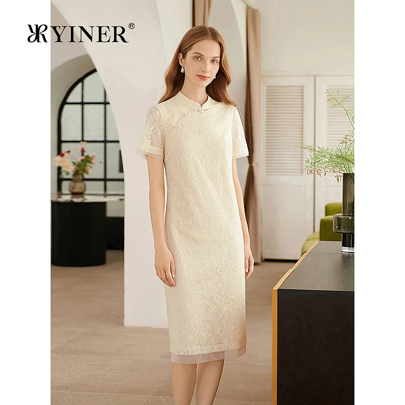 【新中式】YINER音儿专选2025夏季新款盘扣小立领刺绣蕾丝连衣裙