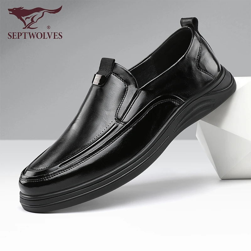 七匹狼一脚蹬头层牛皮商务休闲男鞋2025秋季新款全黑公务鞋皮鞋