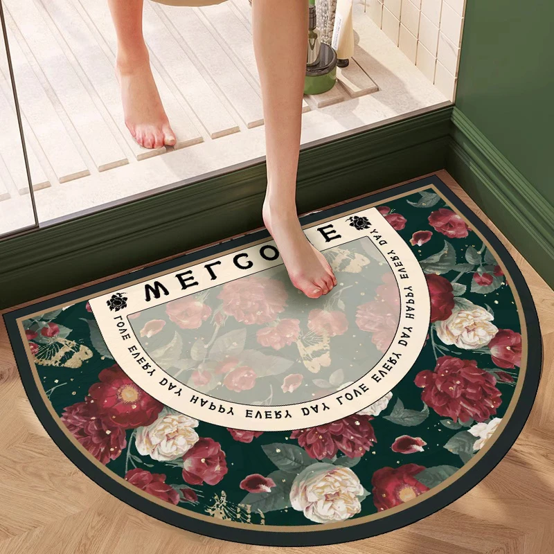 【60*100cm】红白花朵半圆地垫硅藻泥速干吸水防滑垫浴室入户脚垫