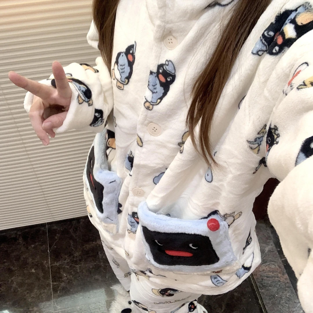 侘町2025冬季新款机器人pingu法兰绒睡衣女加绒加厚可外穿家居服