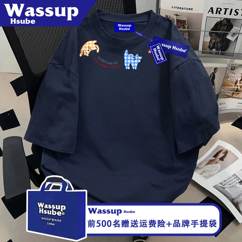 WASSUP HSUBE可爱格纹小猫印花宽松T恤男女款半袖ins纯棉藏青短袖