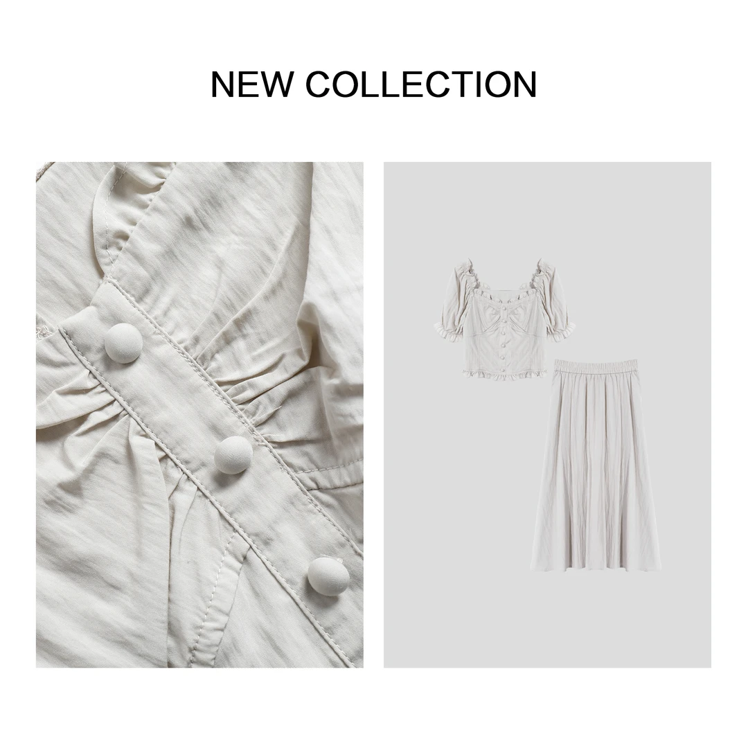 【粉丝专属】D5F26130 方领泡泡袖上衣+高腰长裙 法式浪漫套装