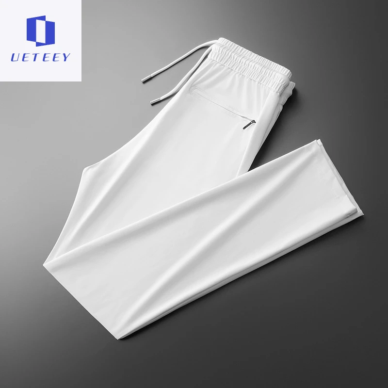 白色冰丝休闲裤子夏季薄款宽松直筒轻奢青年高级运动裤子男款夏季