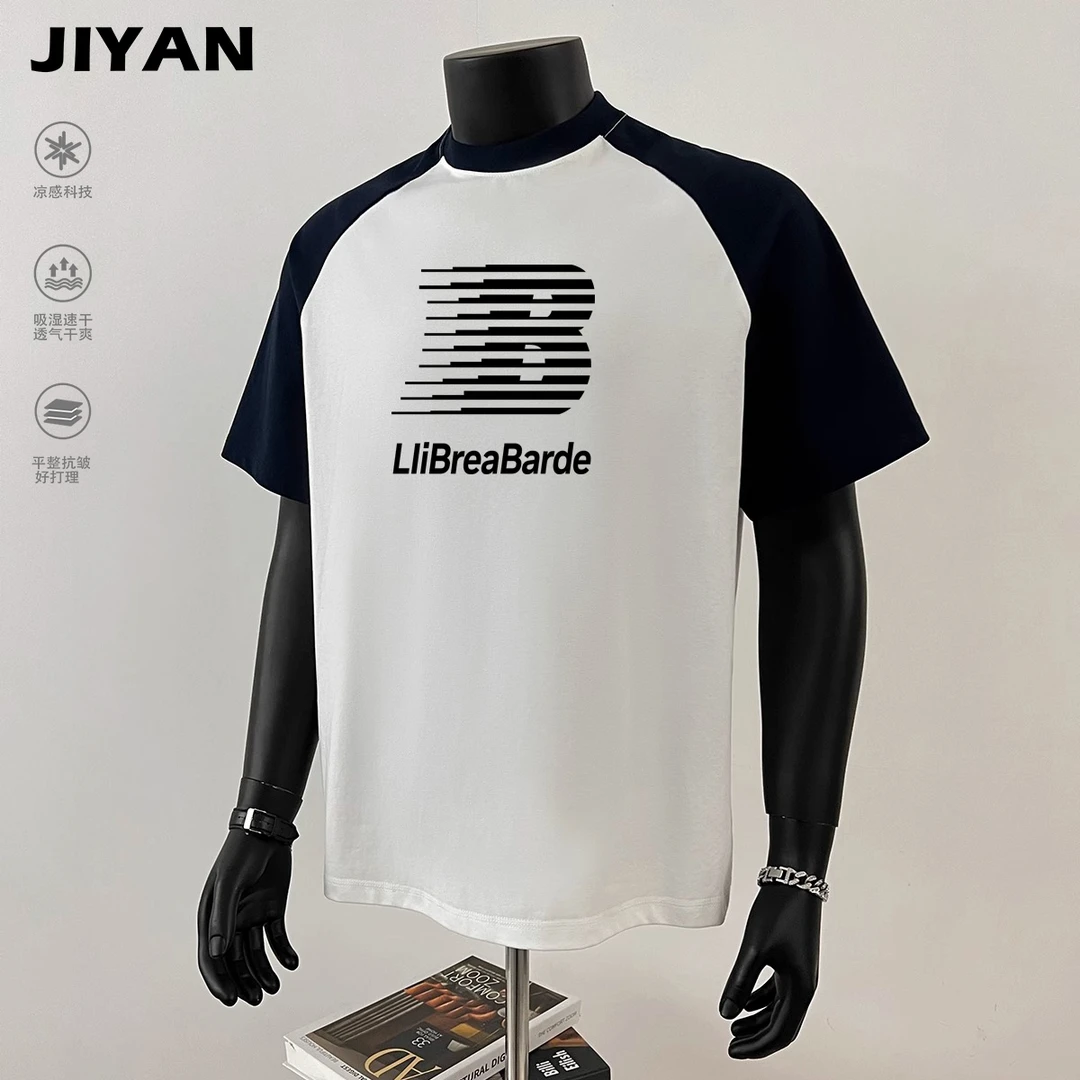 字母印花短袖t恤男2025夏季新款美式复古拼接撞色宽松插肩袖体恤